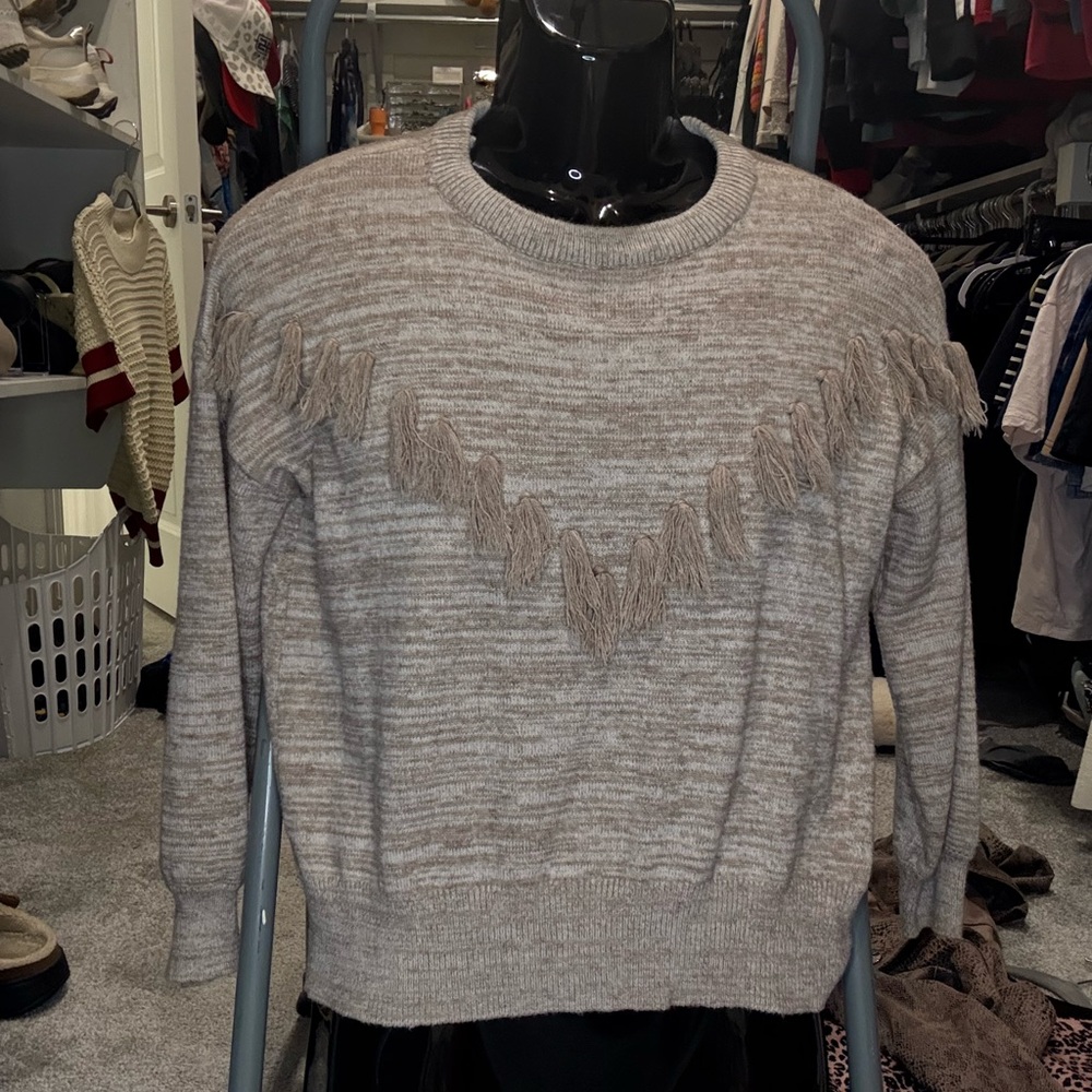 THML Taupe Sweater with Fringe Accents